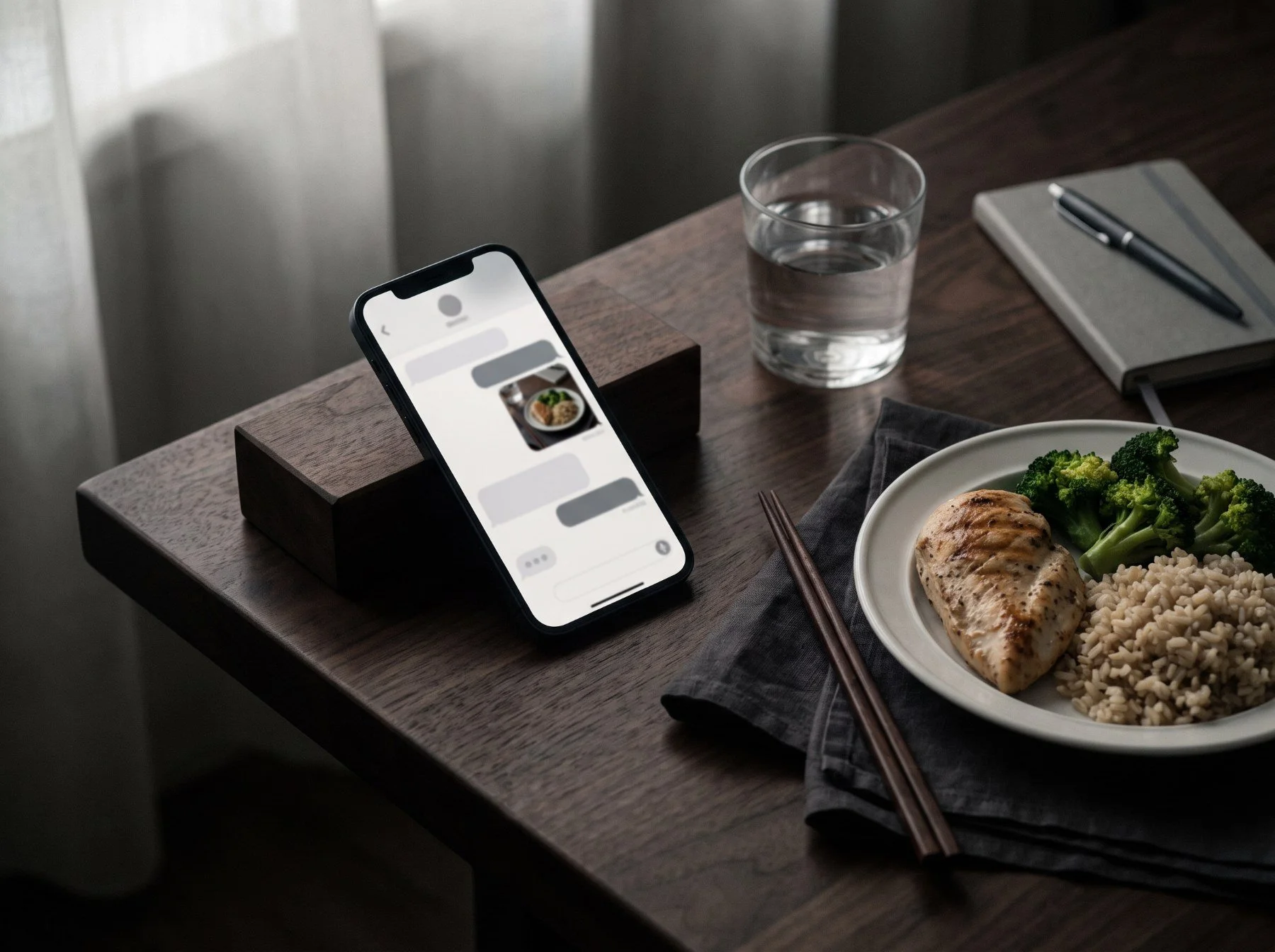 食卓に置かれたスマートフォン。オンラインでも記録とフィードバックは同じ。