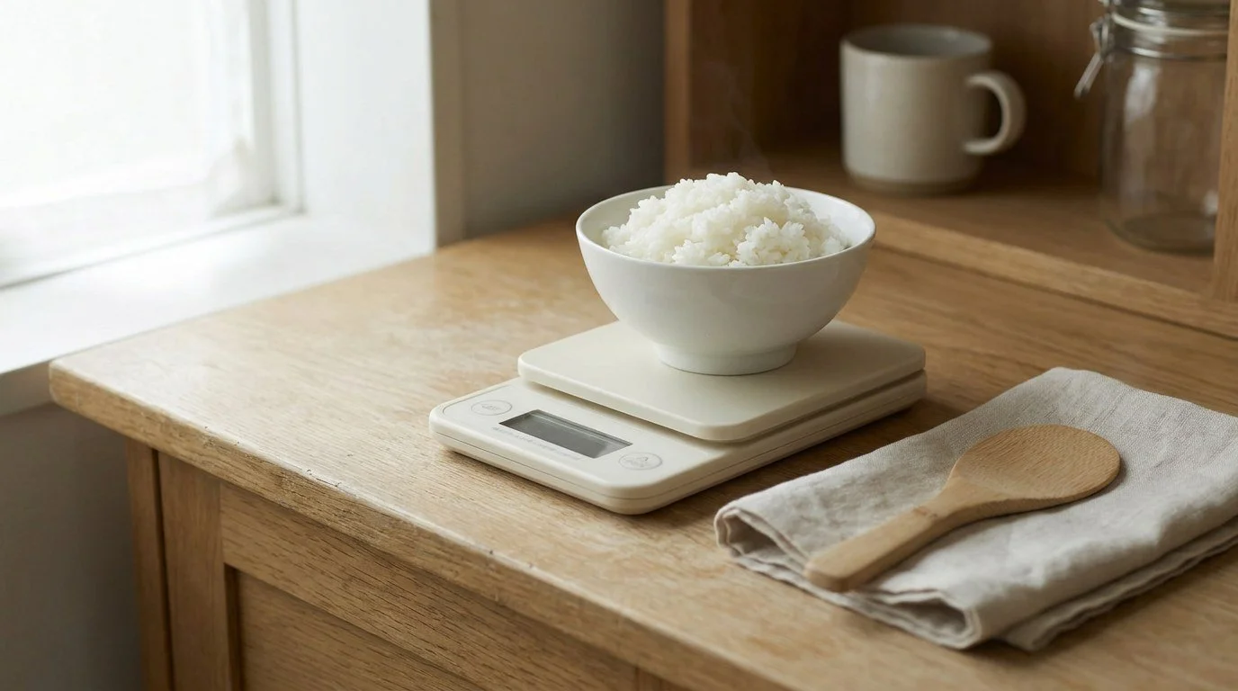 キッチンスケールにのせたご飯。食べないのではなく、量を決めて食べる。