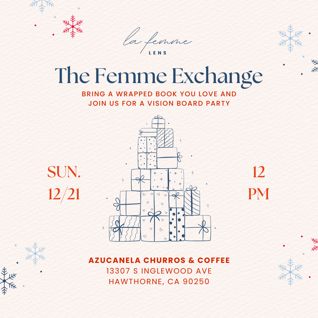 Invitation for a holiday event titled 'The Femme Exchange' with a simple line drawing of a Christmas tree made of gift boxes, snowflakes, and details in red and blue on a textured cream background. Event details include date, time, location, and activities.