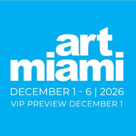 Logo for art miami event scheduled from December 1 to 6, 2026, with a VIP preview on December 1, set against a blue background.