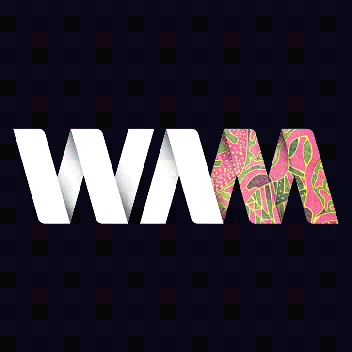 The letters 'WWW' with the last letter patterned in pink and green abstract design, on a black background.
