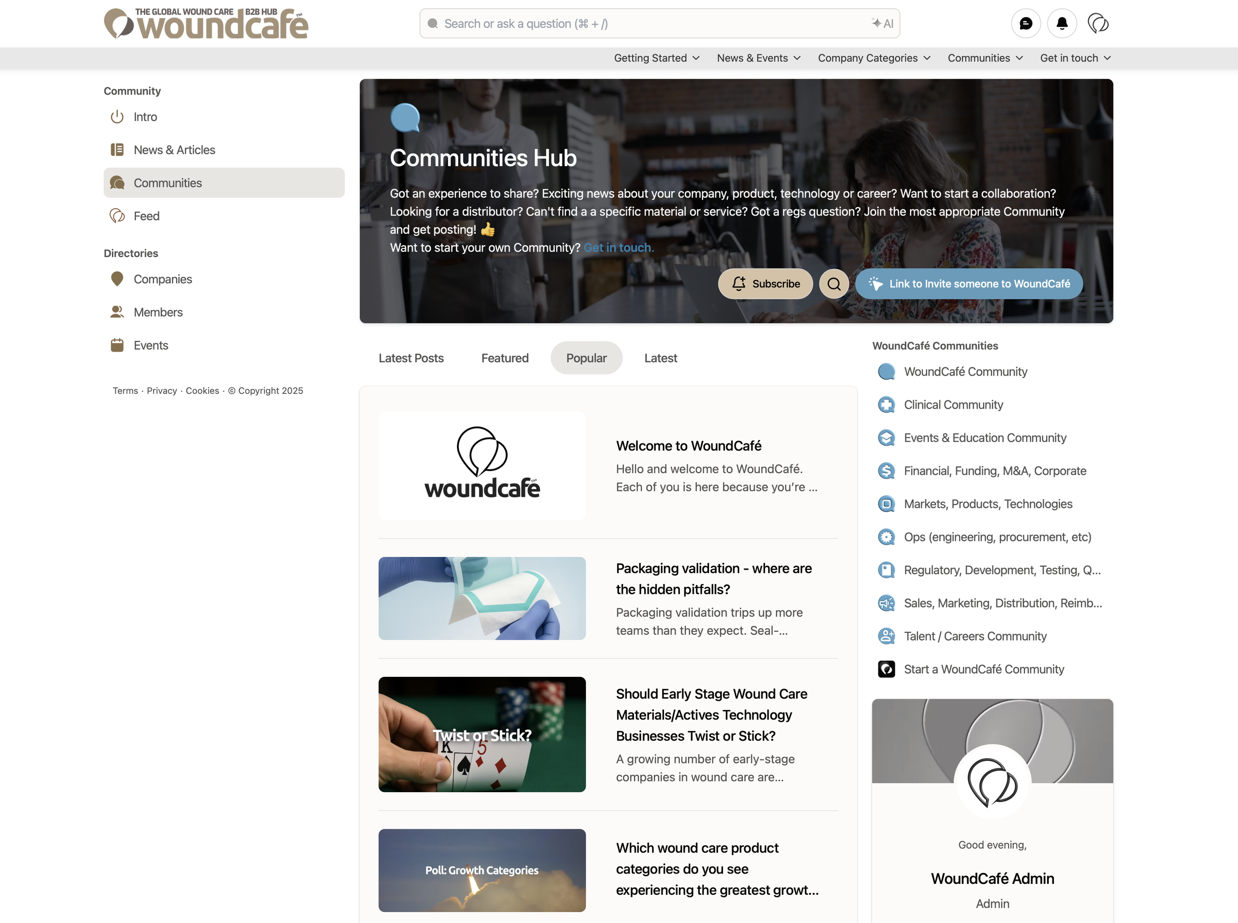 Image of the main communties hub on WoundCafé