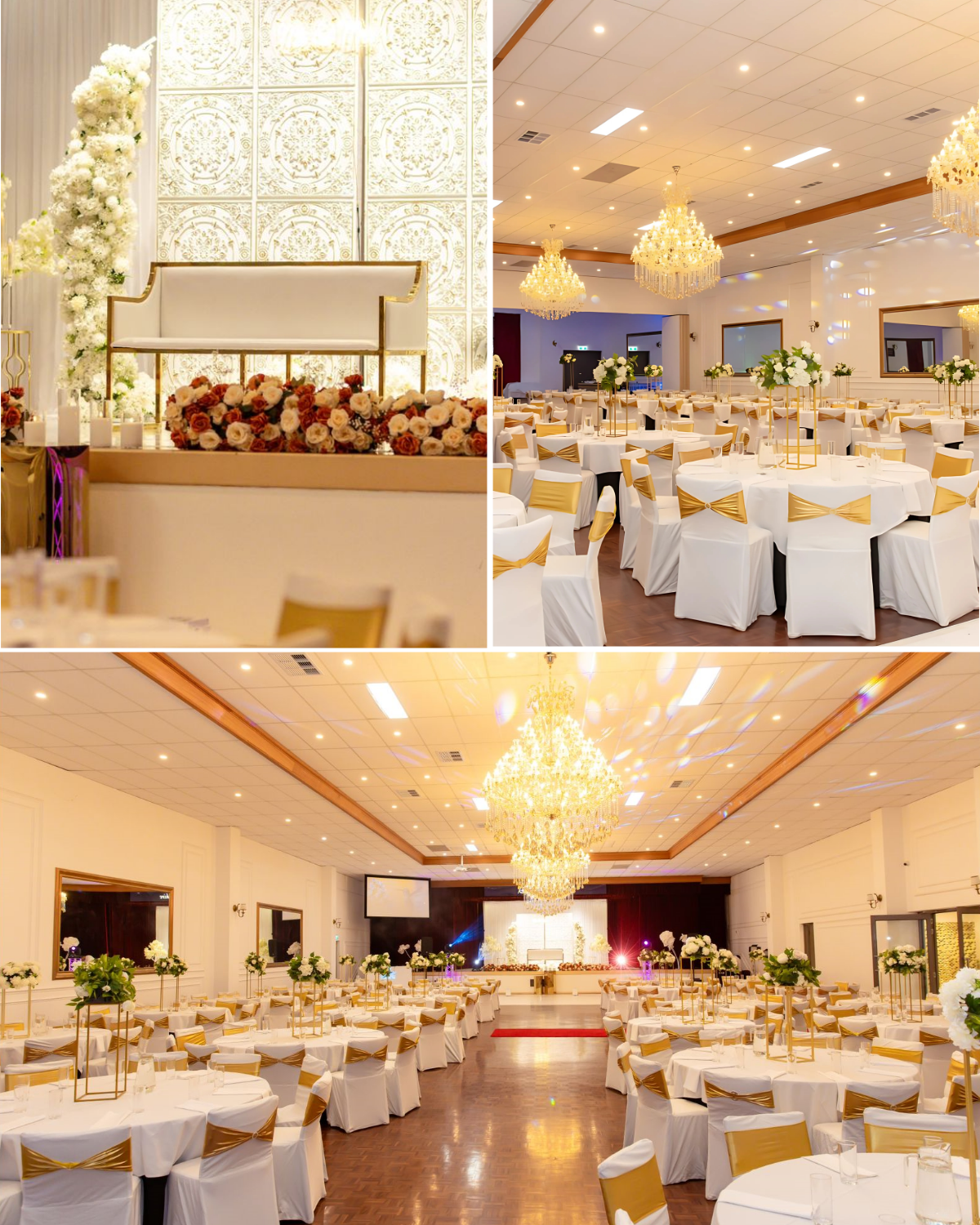Elegant wedding reception hall decorated with white and gold chairs, floral centerpieces, chandeliers, and a stage with floral decorations.