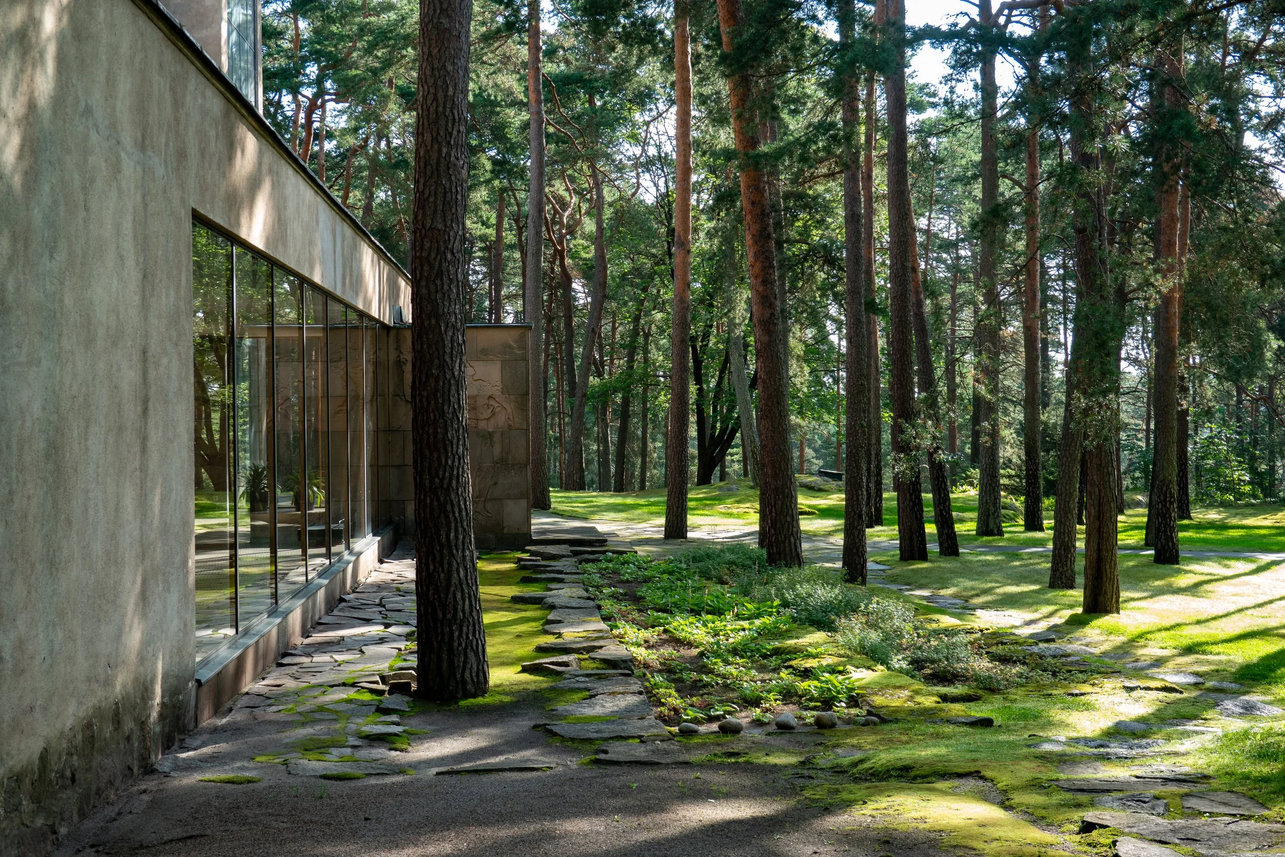 A modern building with large glass windows is situated next to a lush green forest with tall trees and a moss-covered stone path.