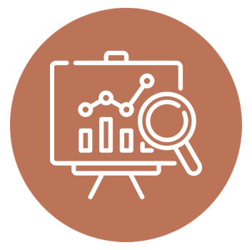 Icon of a presentation board with a line graph, bar chart, and magnifying glass on a brown circular background.