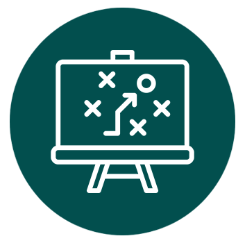 An illustration of a strategy or game plan on a chalkboard with X's, O's, and an arrow showing movement.