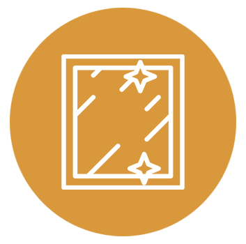 Icon of a window with two stars, one near the top right corner and one near the bottom left corner, on a brown circular background.