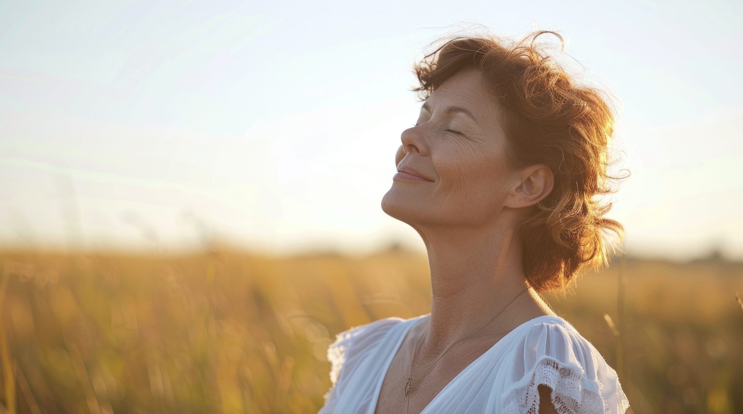 A woman with short curly hair, wearing a white lace-shoulder dress, enjoying sunlight with eyes closed in a field during sunset.