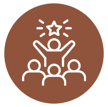 Icon of a person standing on top of three people with a star above, representing achievement or celebration, on a brown circular background.