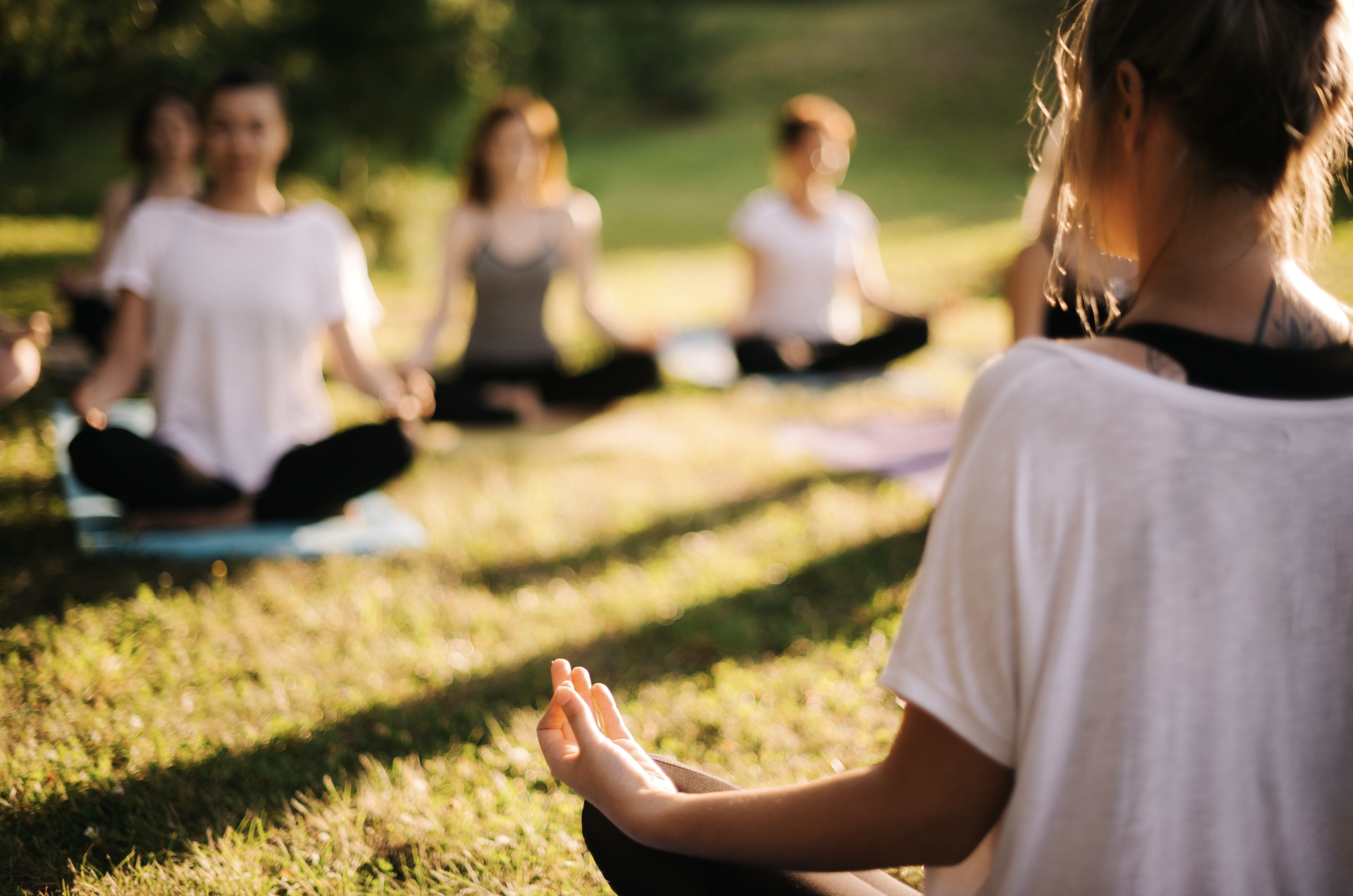 People practicing yoga outdoors on a sunny day, sitting cross-legged on mats, with one person in the foreground facing away.