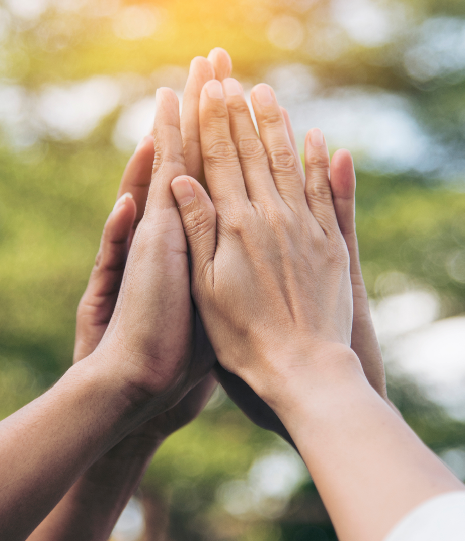 Multiple hands stacked together outdoors with sunlight and blurred greenery in the background.