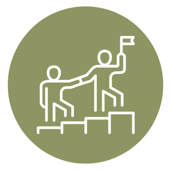 Two stick figures helping each other ascend stairs, with one figure holding a flag at the top.