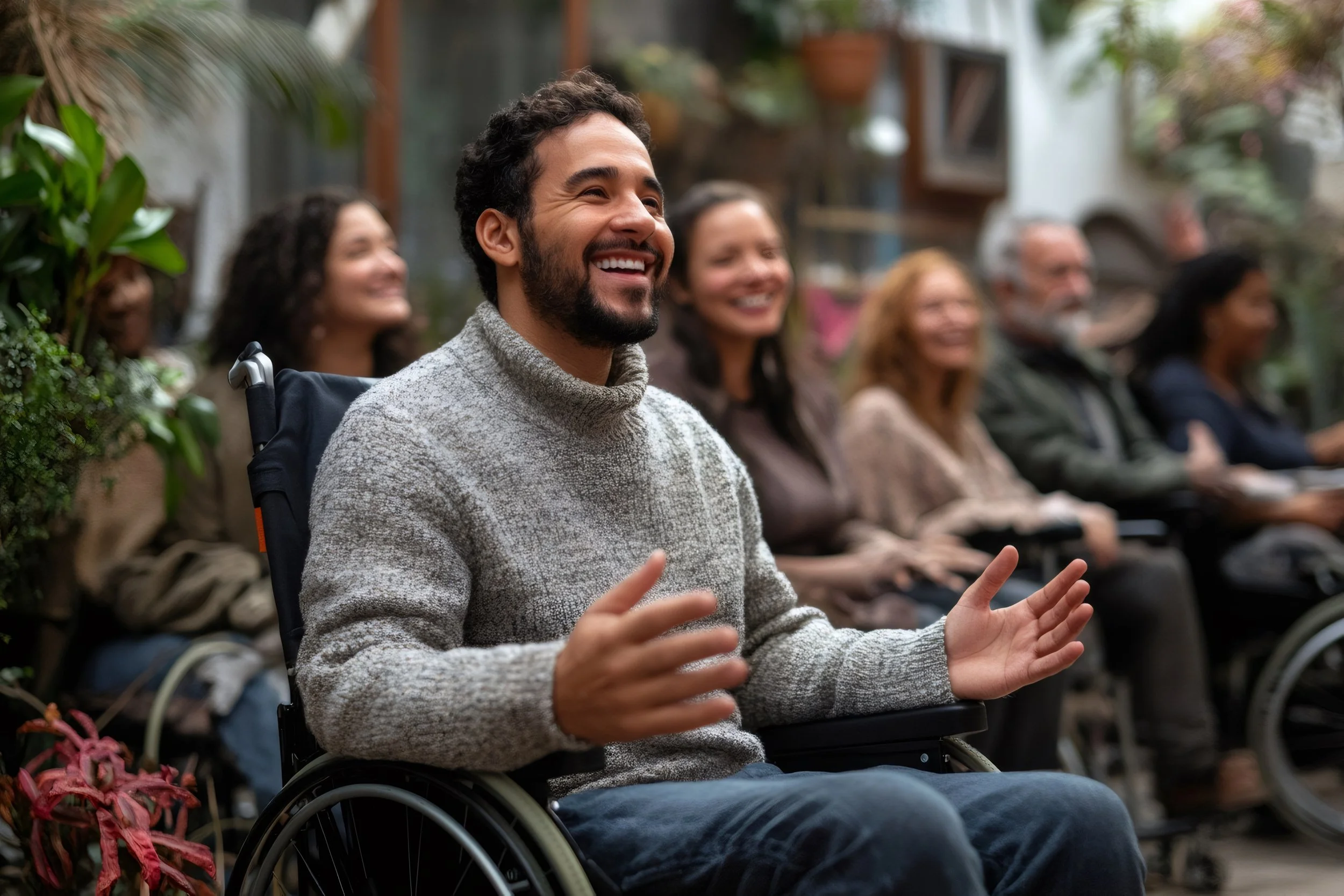 A group of people, including individuals in wheelchairs, sitting outdoors and enjoying a moment of laughter and happiness.