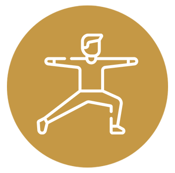 Line drawing of a person in a martial arts stance on a gold circular background.
