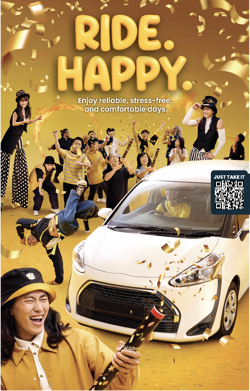 Group of people celebrating a car crash with confetti and fireworks, holding party poppers, with a happy woman in the foreground, and a white car with damage on the front bumper in the center, all set against a yellow background.