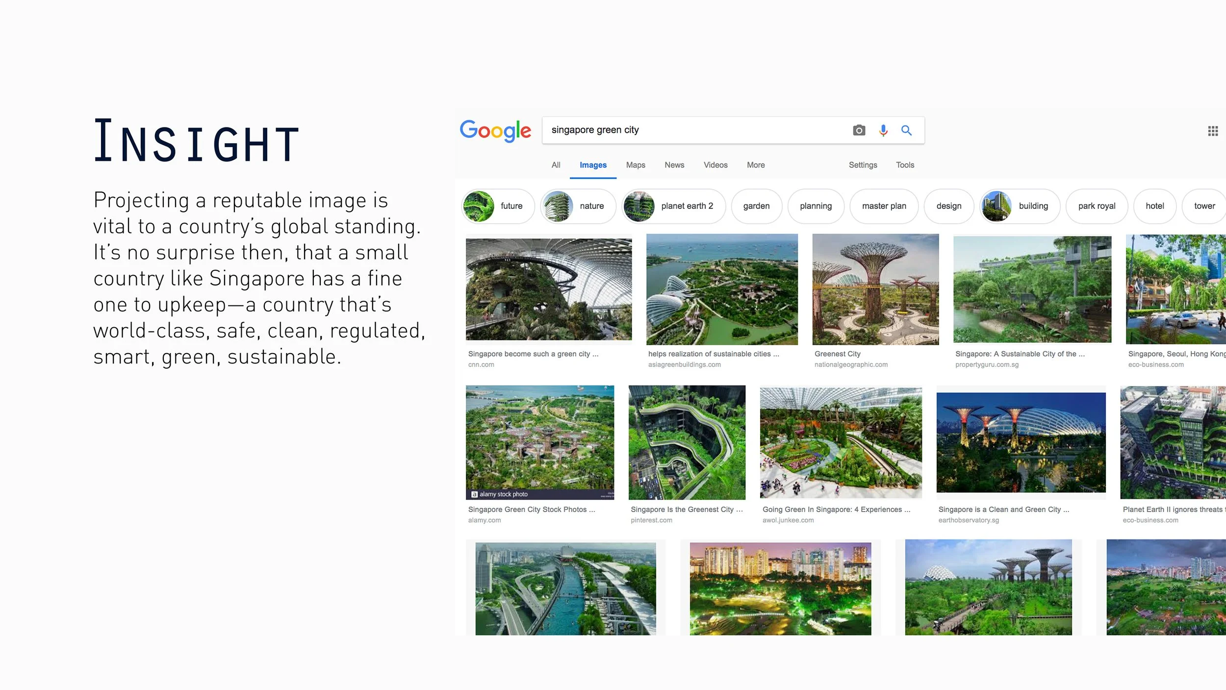 A presentation slide with the title 'Insight' and text about Singapore's reputation as a clean, safe, regulated, green, sustainable country, featuring a Google Image search for 'Singapore green city' with various images of modern urban parks, green a