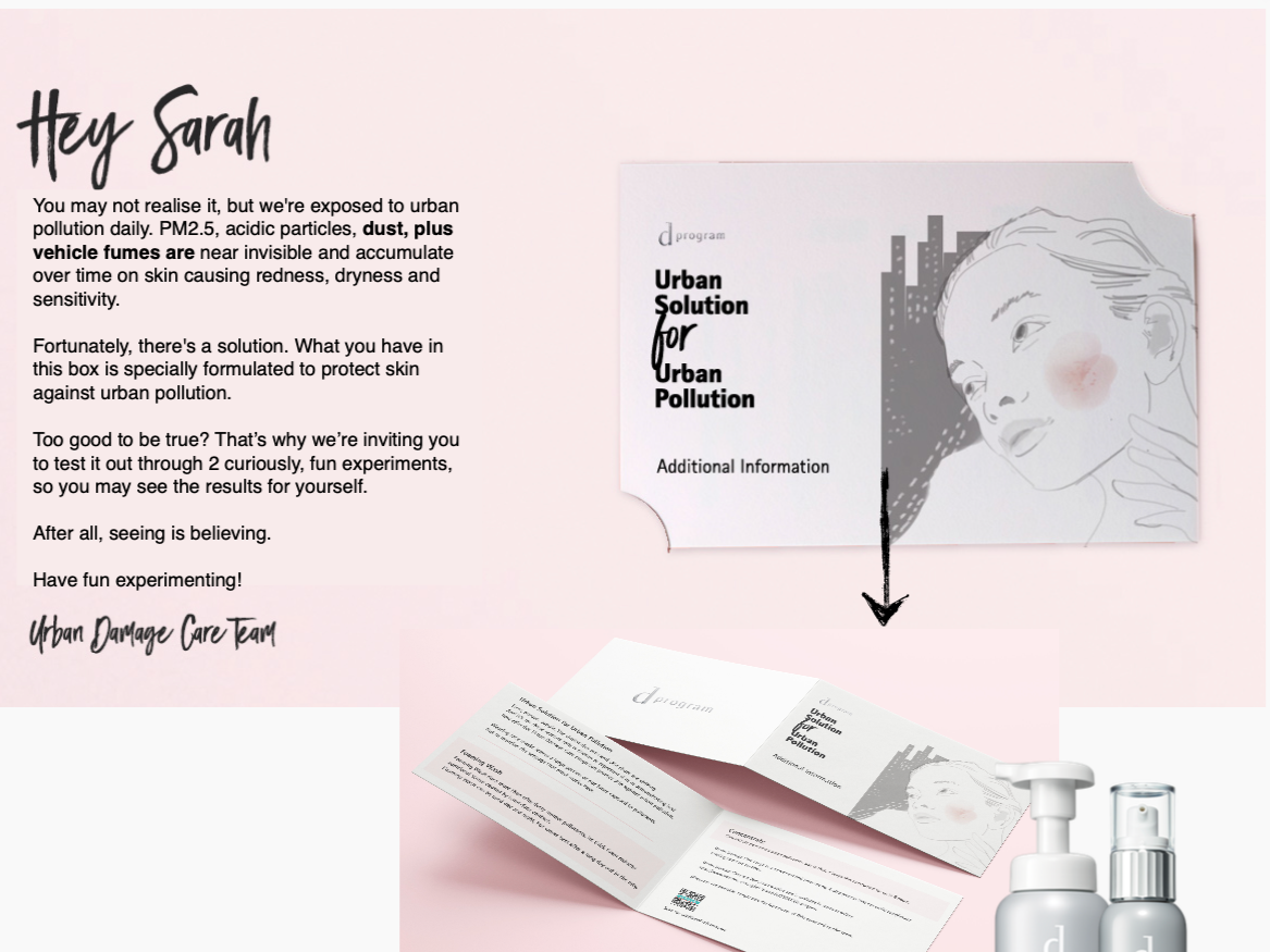 Pamphlet and informational card about urban pollution and skincare, featuring a sketch of a woman's face with blush on cheeks, and hand sanitizers in the foreground.