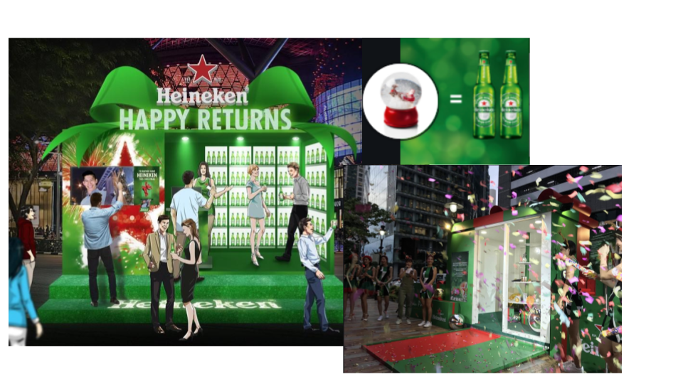 Heineken promotional event celebrating the return of the beer, featuring a display with green and white branding, a logo, and people gathering around. Nighttime scene with confetti and a city street background.