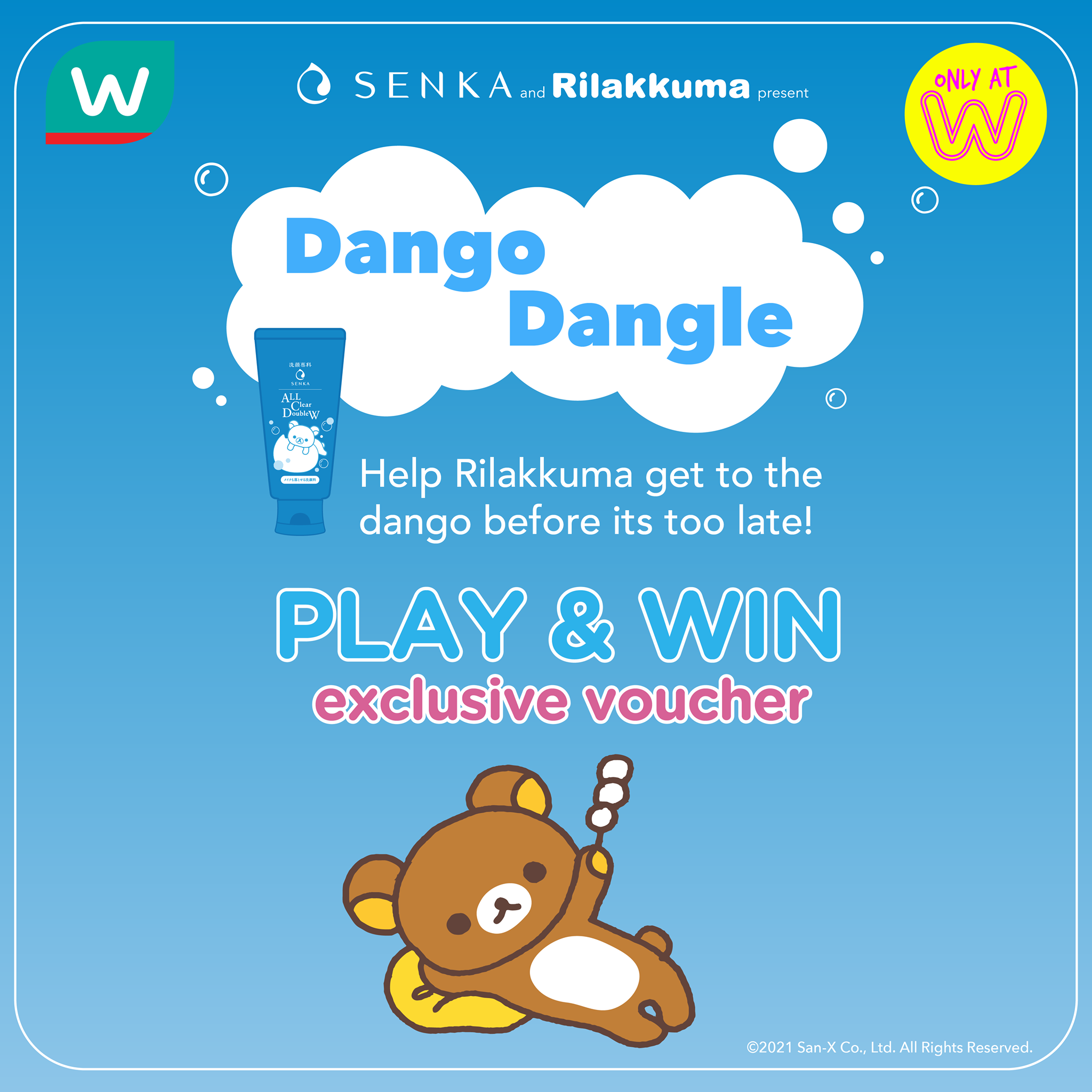 Promotional graphic featuring Rilakkuma character lying on a yellow pillow, with playful text promoting a game called Dango Dangle to help Rilakkuma reach a dango, with a chance to win an exclusive voucher, and logos for Senka and W.