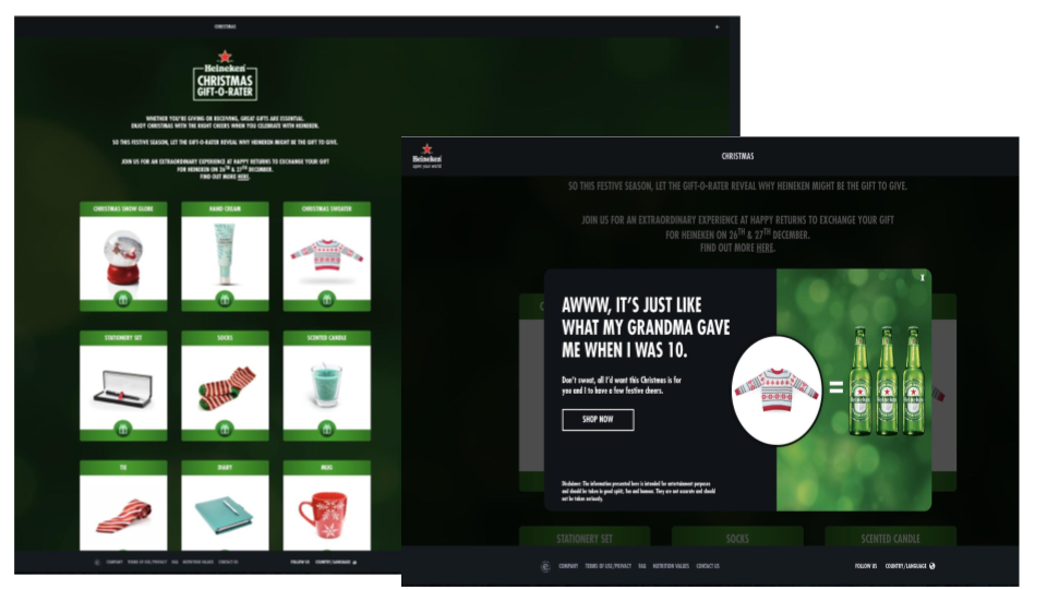 Screenshot of Heineken's Christmas gift-giving webpage featuring a gift-rater tool with various Christmas-themed items like a Santa hat, socks, and a mug, along with a pop-up comparing a Christmas sweater to Heineken beer bottles.