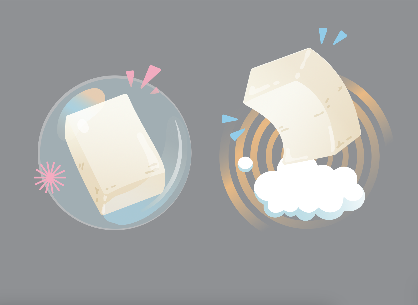 Illustration of a bar of soap in a bubble on the left and a bar of soap in foam on the right, emphasizing different soap forms.