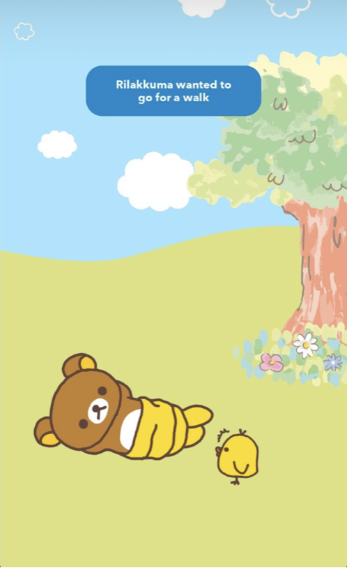 Cartoon illustration of Rilakkuma, a brown bear character, lying on the grass next to a small yellow chick under a green tree with colorful flowers. The sky is blue with white clouds, and a blue speech bubble says, 'Rilakkuma wanted to go for a walk.