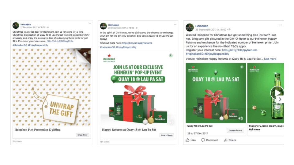 Three Facebook posts promoting Heineken activities. The first has a white background with gold stars and an unwrapped gift tag, with the text "Unwrap the Gift." The second shows a green background with a large wrapped gift and text inviting to Heinek