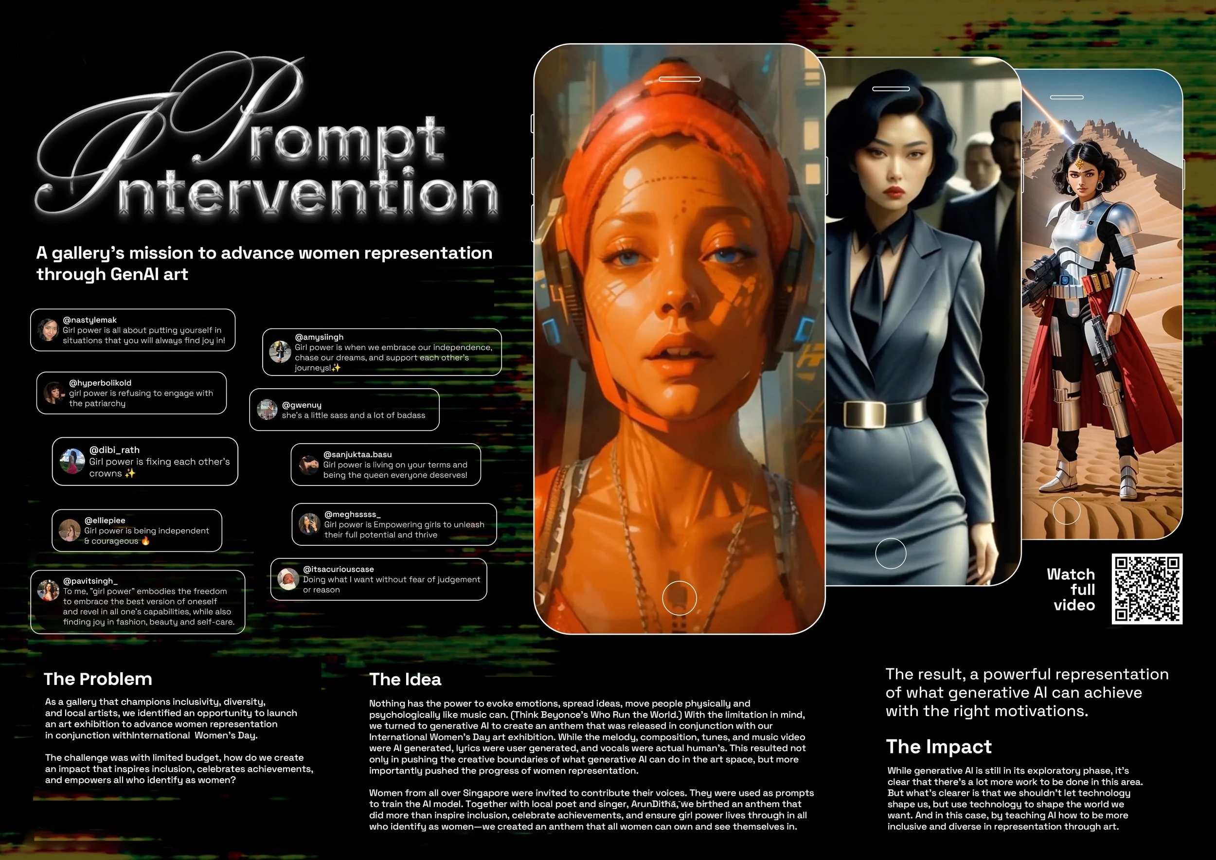 Digital collage titled 'Prompt Intervention' featuring a black background, white glowing text, and three smartphone screens showcasing women and women in futuristic settings, with accompanying text about promoting women through AI art.