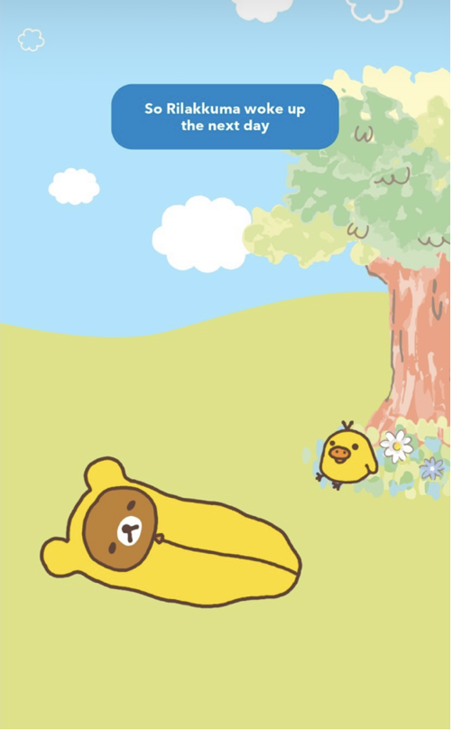 Cartoon bear lying on green grass near a tree with flowers, and a small yellow bird standing next to the tree. Blue sky with a few clouds. Blue speech bubble with white text reading, 'So Rilakkuma woke up the next day.'
