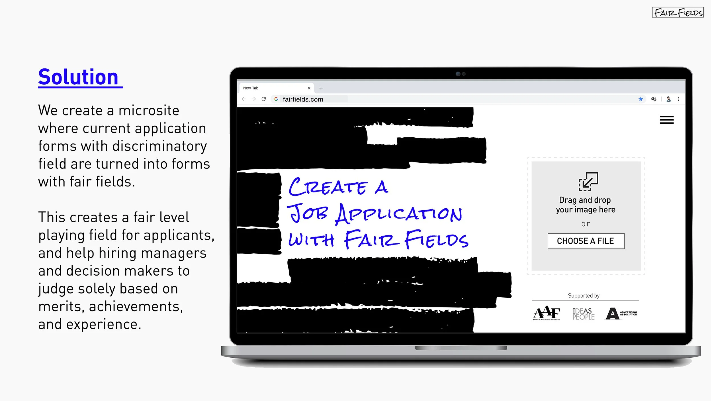 Presentation slide titled 'Solution' describing creating microsites with fair fields for fair level playing fields in application forms, showing a laptop screen with a web page titled 'Create a Job Application with Fair Fields', featuring an option t