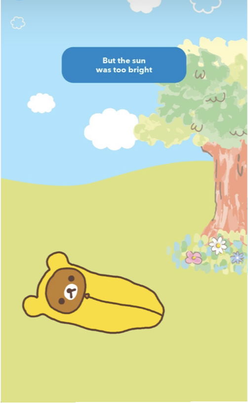 A cartoon bear lying on the grass next to a tree and flowers under a blue sky with clouds, with a speech bubble saying 'But the sun was too bright.'
