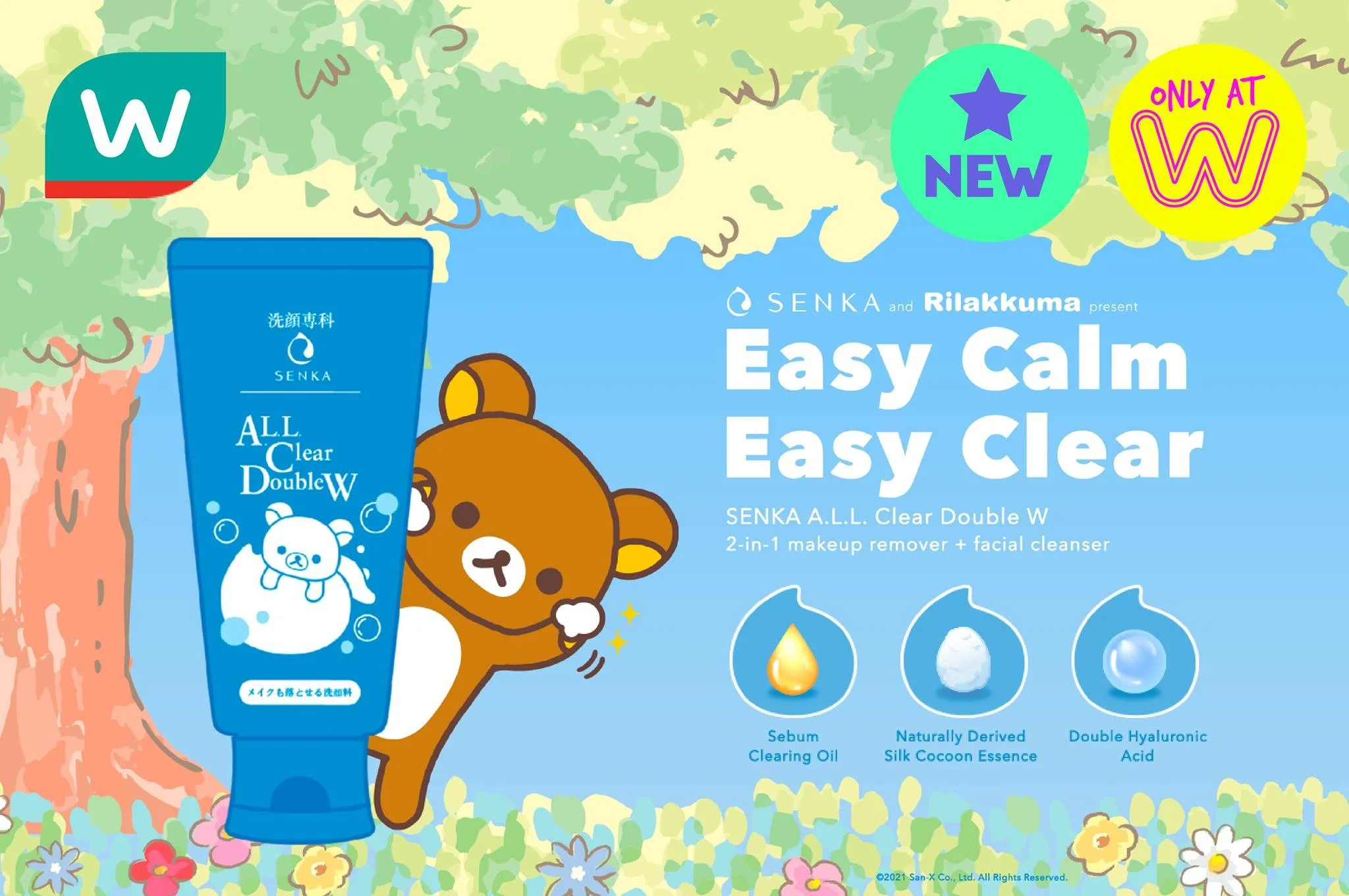 A colorful advertisement for SENKA A.L.L. Clear Double W facial cleanser featuring Rilakkuma, a brown bear character, and a blue tube of the product. The background shows a forest scene with trees and flowers, and includes text promoting the product as easy and clear, with icons depicting key ingredients: Sebum Clearing Oil, Silk Cocoon Essence, and Hyaluronic Acid. The ad also highlights that the product is exclusive to W stores and introduces new features.