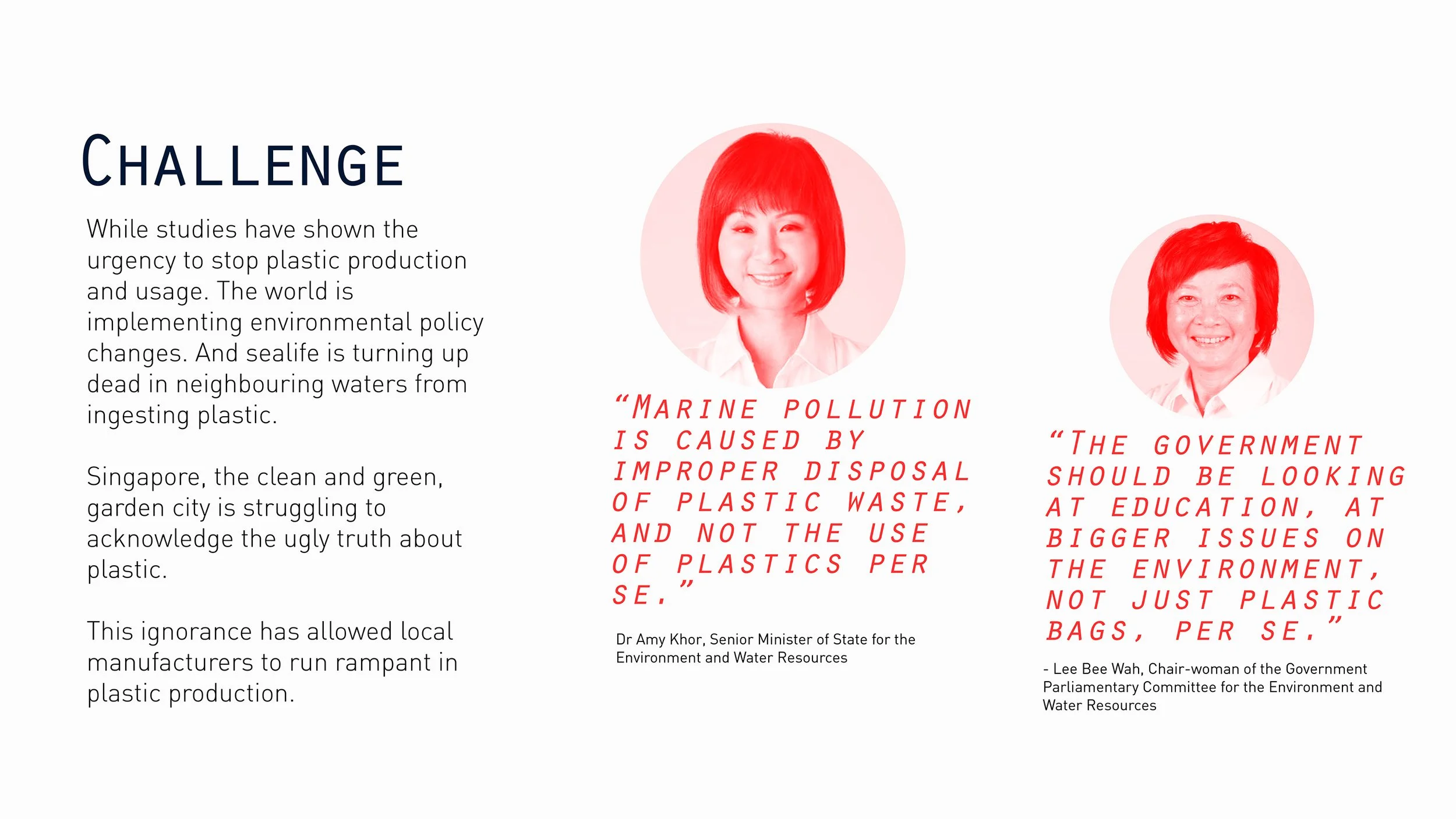 A graphic with the title 'CHALLENGE' discussing plastic pollution and environmental policy issues, featuring two women in red-tinted photos with quotes about plastic waste and environmental concerns. Young glory winner.