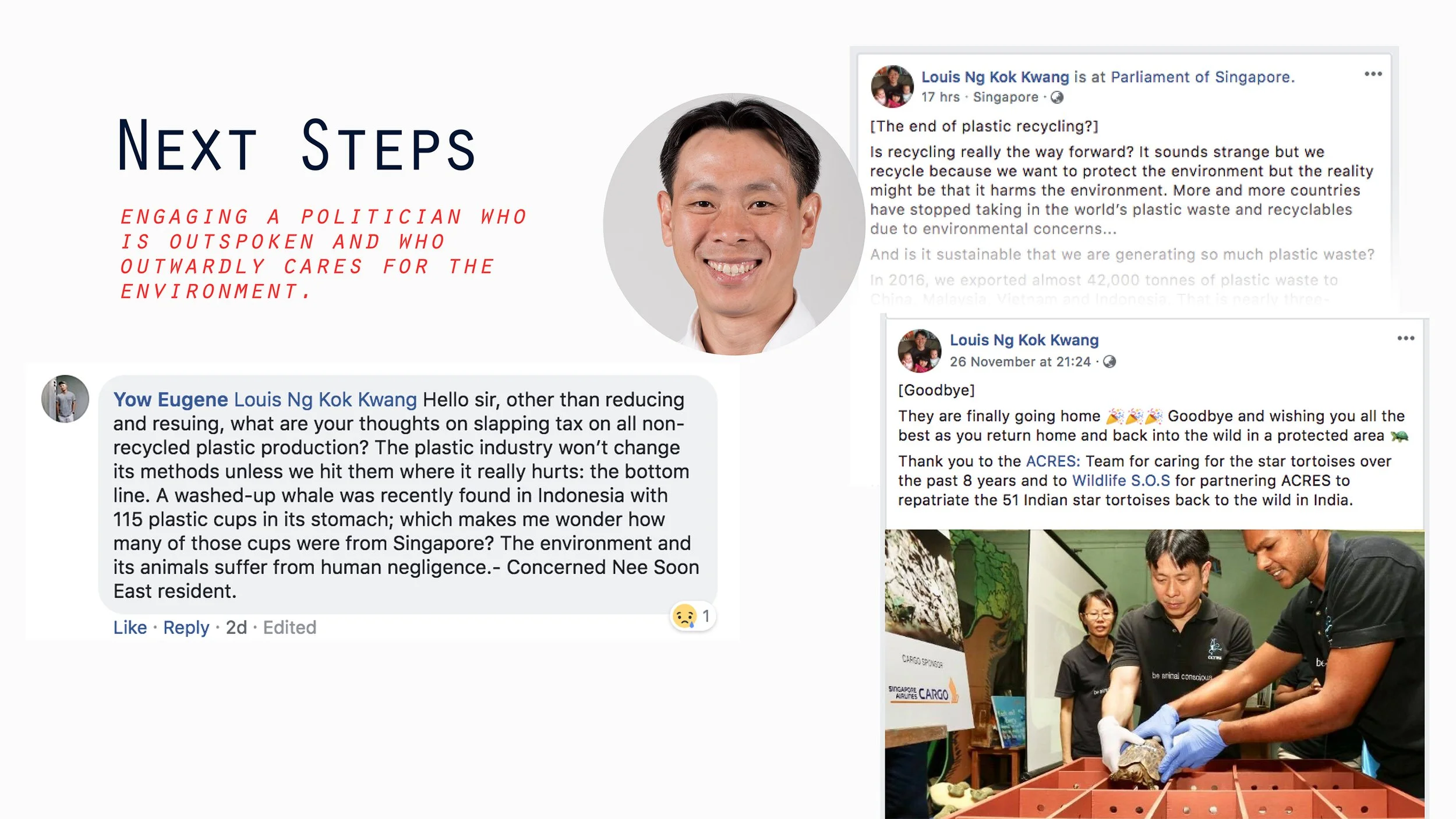 A collage with a headshot of a smiling man, text about next steps and engaging a politician for environmental care, and a Facebook post with a photo of three people handling a turtle in a conservation setting.