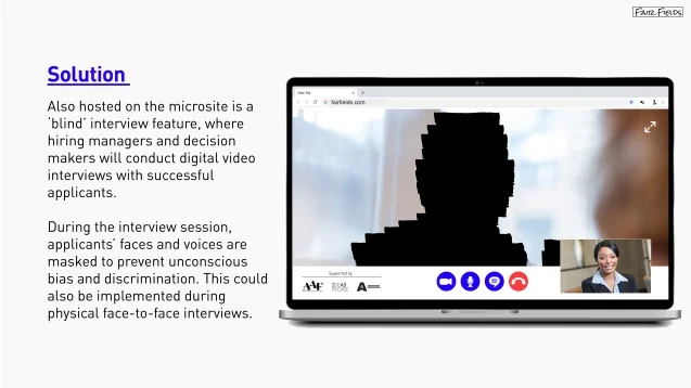 Slide presentation with a solution description about digital video interviews, featuring a laptop screen showing a masked face during a video interview, and a small video call window with a woman in professional attire.