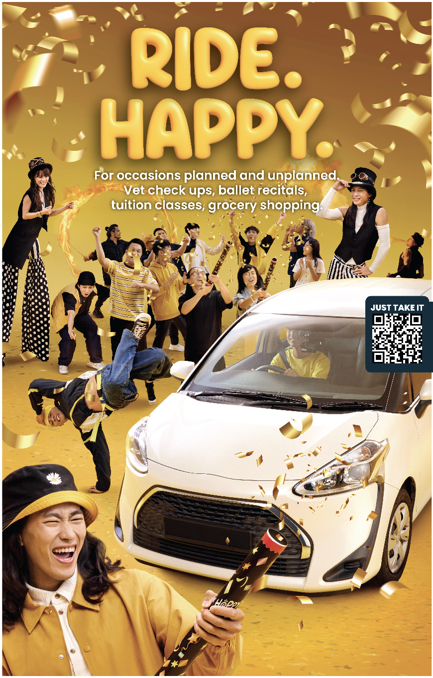 Celebratory scene with a group of people, some in costumes, cheering and throwing confetti around, with a white car in the foreground, and a woman in yellow holding a party popper. The background features gold colors and the text ‘Ride. Happy.’, alon