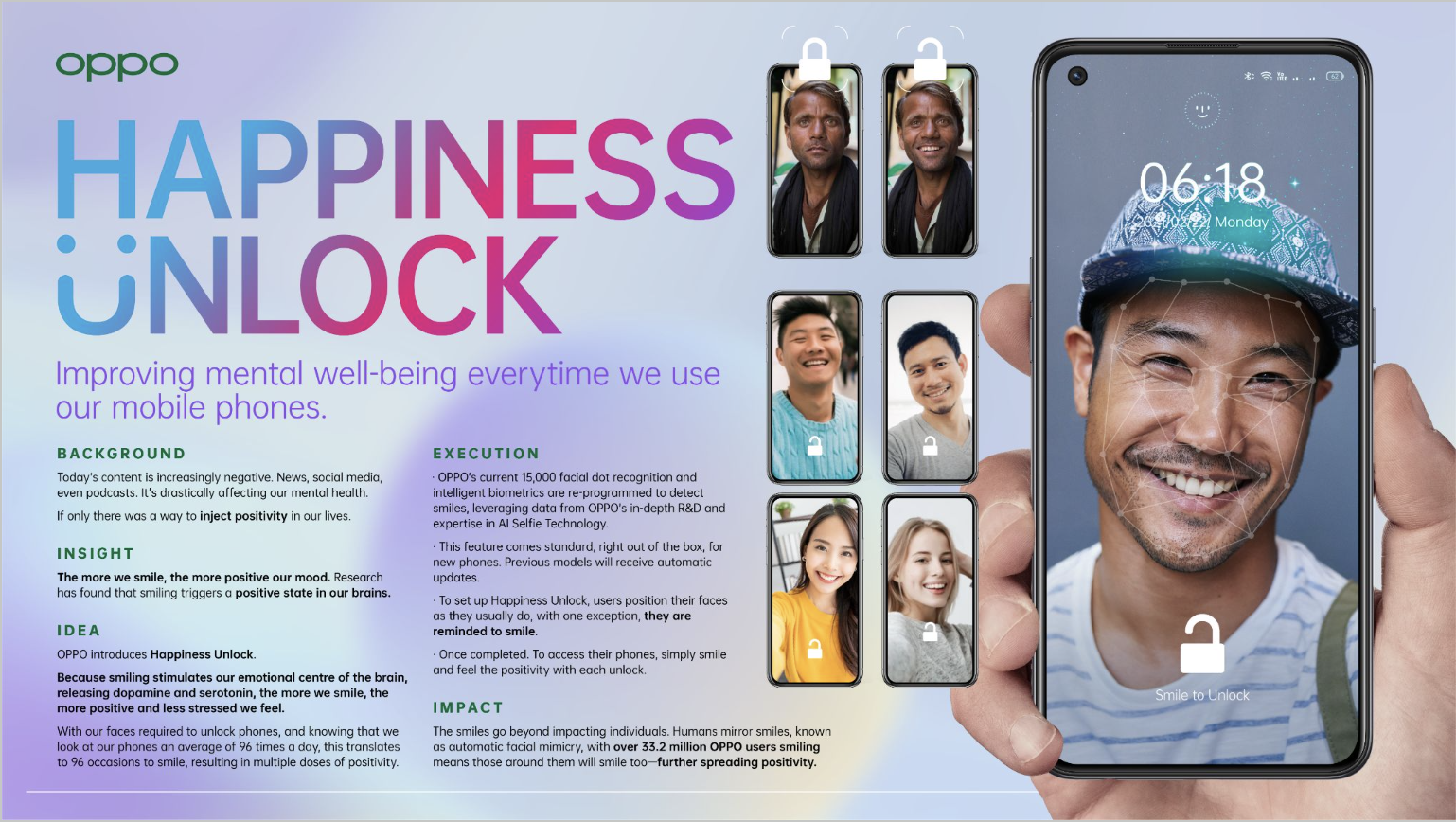 An OPPO advertisement promoting happiness unlock feature that uses facial recognition and smiling to improve mental well-being. The image shows a person unlocking their phone with a smiling face, and smaller images of other people smiling and unlocking their phones, with text explaining the concept and benefits of Happiness Unlock.