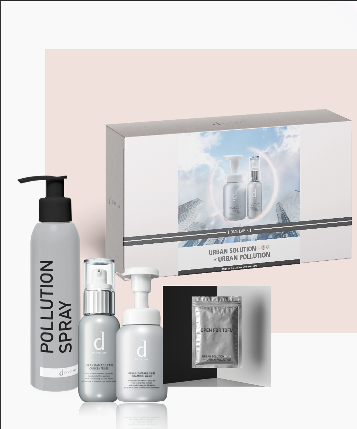 A set of skincare and pollution protection products, including a pollution spray, a spray bottle, a foam wash, and a packet, displayed with a box labeled 'Urban Solution for Urban Pollution'.