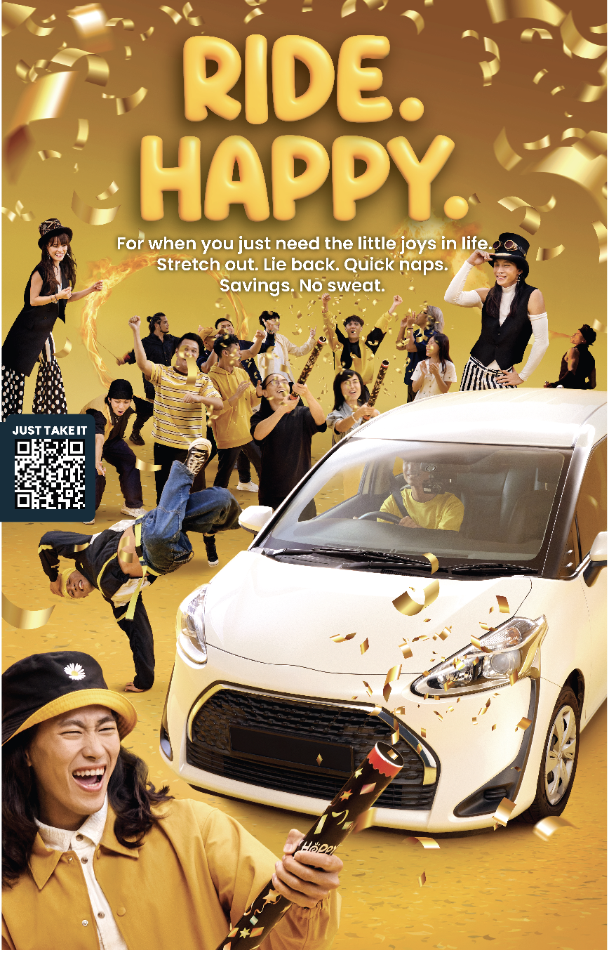 Celebration scene with a white car and a group of happy, excited people, some wearing yellow and black, celebrating with confetti, fireworks, and a woman in the foreground holding a party popper, all set against a gold background with the text "Ride.