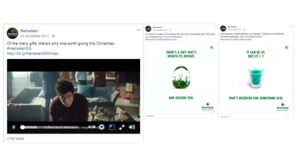 Social media posts from Heineken promoting gift ideas during Christmas, including a video of a young man and two images of drinks with text about gifts