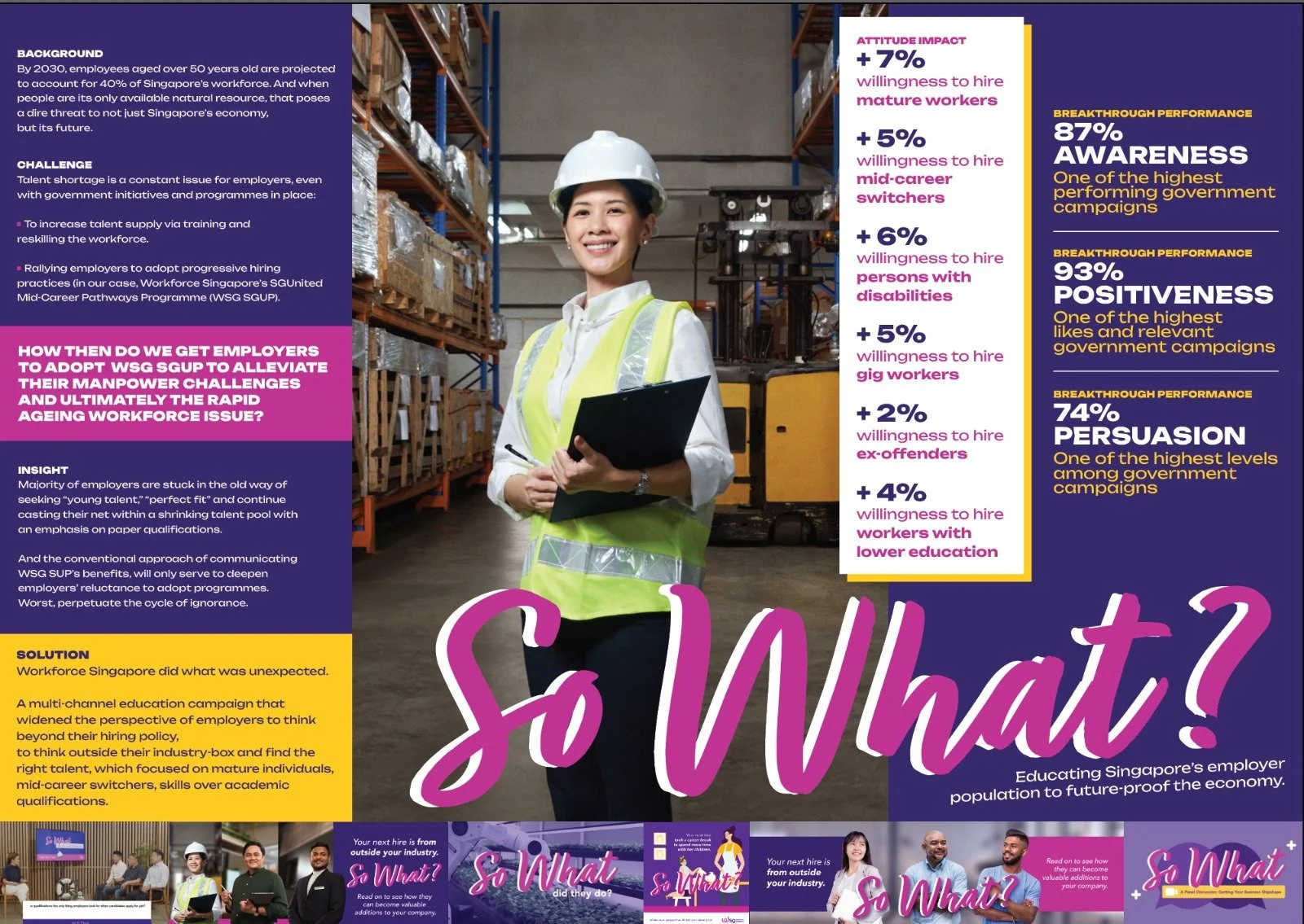 A woman in a yellow safety vest and white helmet smiling and holding a clipboard in a warehouse with shelves of boxes behind her.