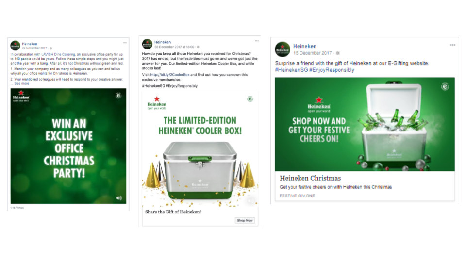 Three Facebook posts from Heineken promoting Christmas and holiday-themed prizes, including an exclusive office Christmas party, a limited-edition Heineken cooler box, and a festive cheers gift box.