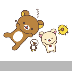 Four cartoon characters: a brown bear winking and smiling, a small yellow chick, a white dog with a pink nose, and a tiny white penguin