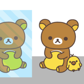 Two cute brown bears with small ears, one holding a green toy and the other holding a yellow toy, sitting next to a small yellow chick plush toy.