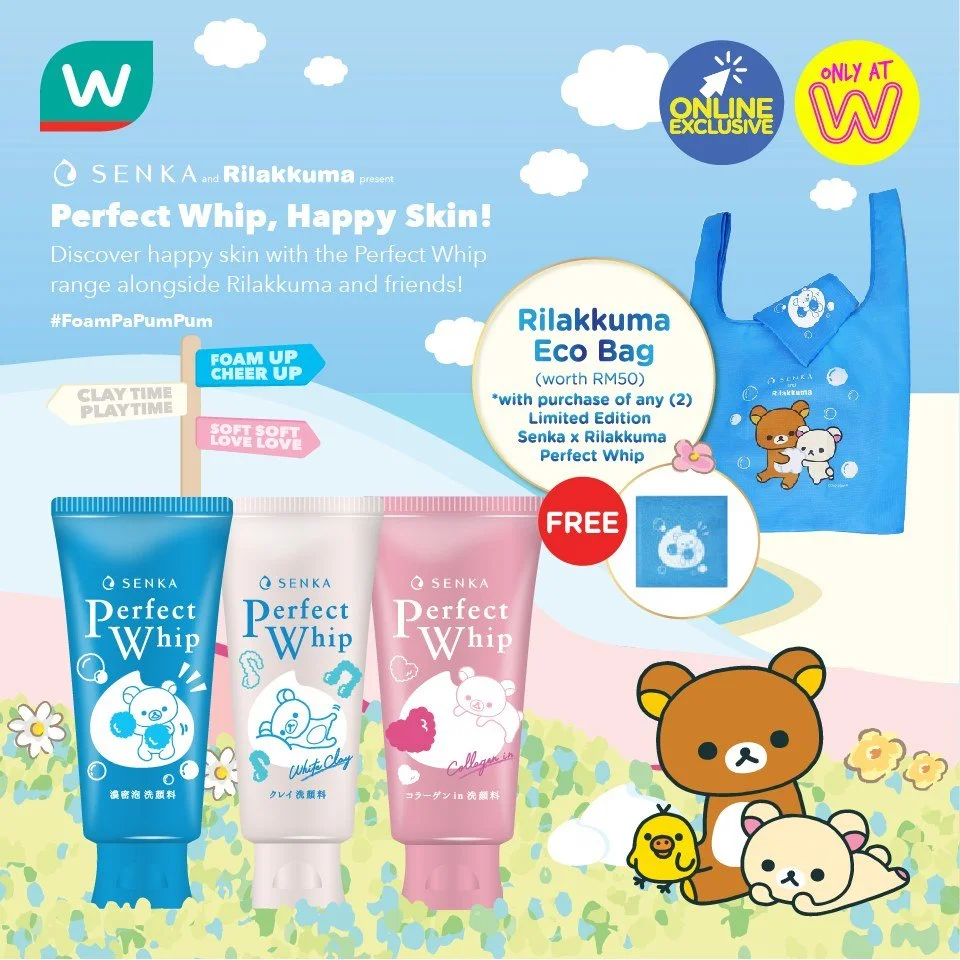 Colorful advertisement for Senka Perfect Whip skincare products featuring Rilakkuma characters, including a blue bag, cartoon bear, rabbit, and duck in a grassy field with clouds in the sky.