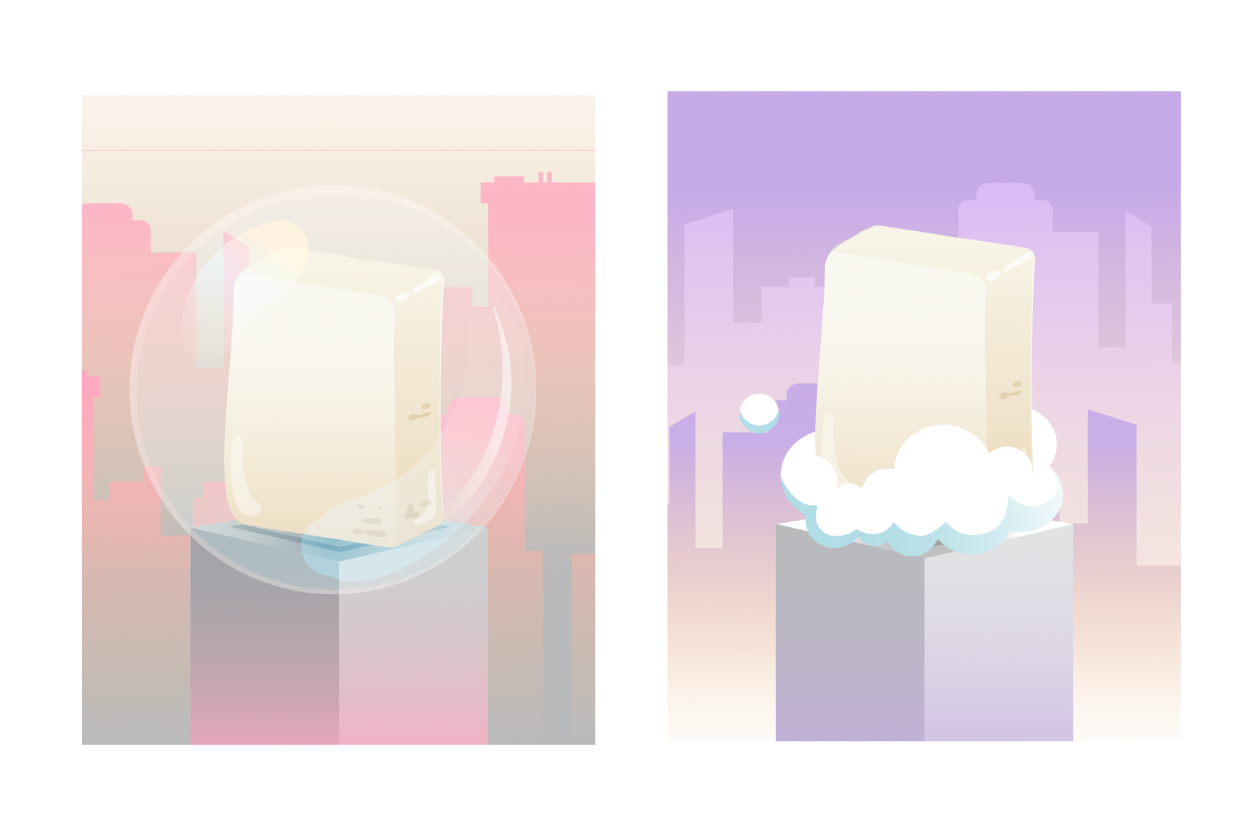 Two stylized illustrations of soap bars placed on pedestals, with the left soap surrounded by a glowing aura and the right soap on a cloud-like base, set against abstract pastel cityscape backgrounds.