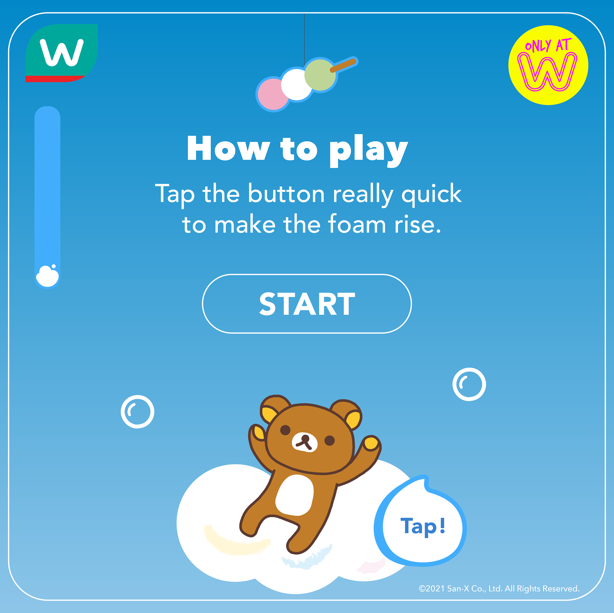 A digital screen display shows how to play a game where you tap a button quickly to make a foam bear rise. The screen has a blue background with a bear illustration on a cloud and a large start button in the center, with instructions above. There is 