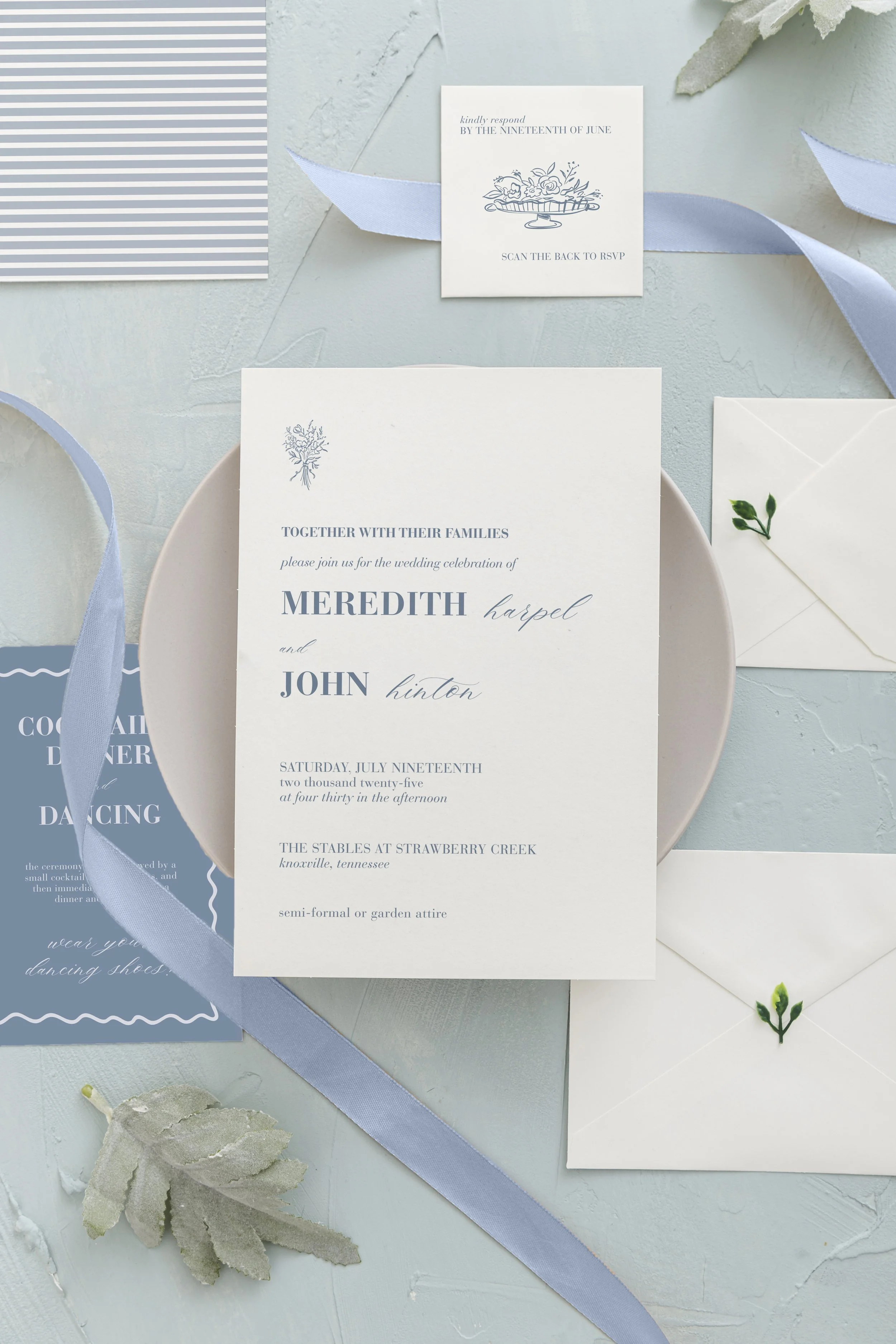 Meredith Light Blue Wedding Invitation Suite: Vintage-Inspired Floral DIY Canva Template