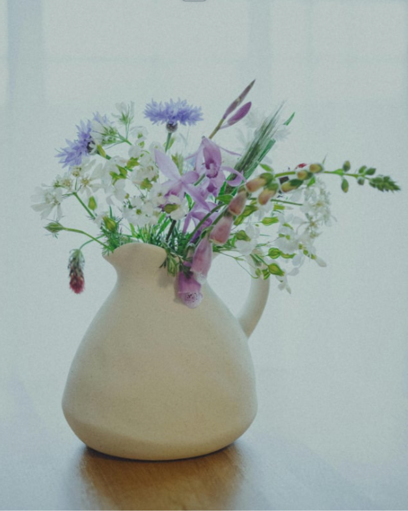 Beige ceramic pitcher holding a bouquet of flowers symbolizing warmth and care