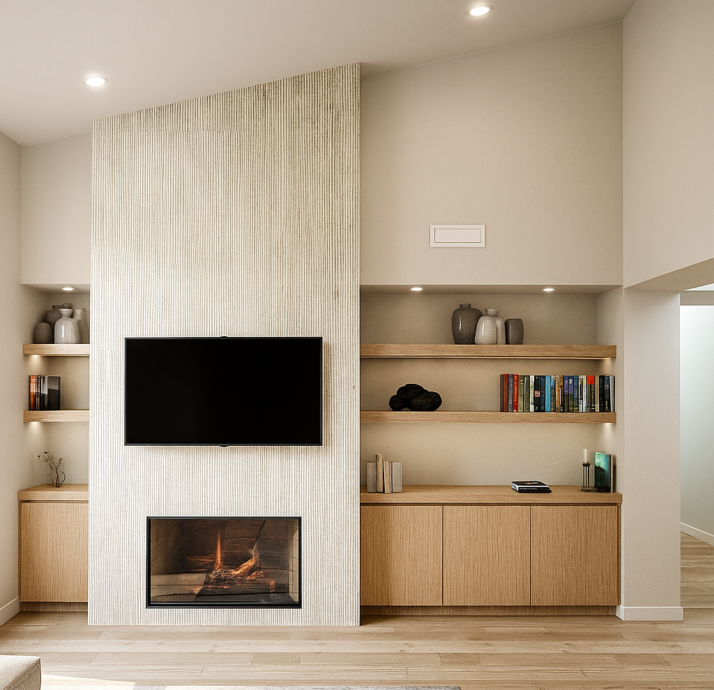 Modern living room wall with a flat-screen TV above a fireplace, built-in shelves with books and decorative vases, and natural wood cabinetry.